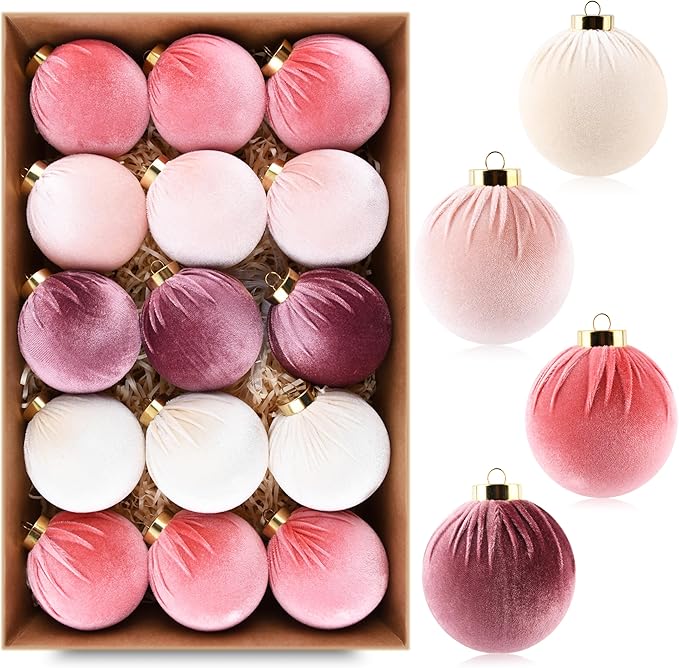 Velvet Christmas Ornaments Balls for Tree - 15pcs Pink Christmas Ornaments Shatterproof for Xmas Decorations - Multicolor Pink & Beige 80mm 3.15inch