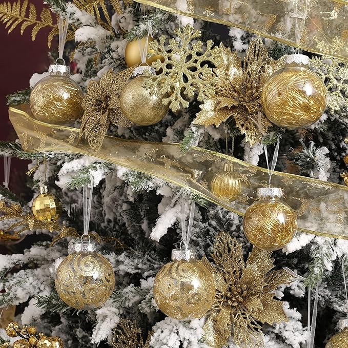 Wironlst Christmas Ball Ornaments Shatterproof Clear Large Plastic Hanging Ball Decorative Baubles Set with Stuffed Delicate Decorations (Multi-Size, Gold)
