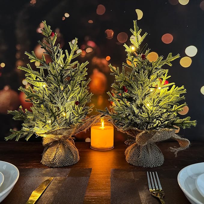 Set of 2 Mini Christmas Tree, 12 in Pre-lit Tabletop Xmas Decorations with 8 Warm LED Lights, Battery Operated with Timer, Burlap Base Artificial Pine Tree for Indoor Desk Office Dorm