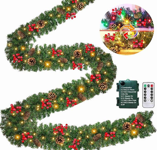 Remote Control 18 FT Extra Long Prelit Christmas Garland with 480Thick Branch Tips Pinecones & Red Berries, 100 Warm White & Multicolor LED Lights 8 Modes Timer for Stairs Mantel Doorway Decor