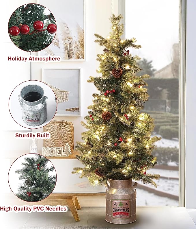 LuxenHome 4FT Small Christmas Tree, Prelit Slim Potted Artificial Christmas Trees with 100 Warm White LED Lights, Realistic Faux Pine Tree with Rustic Metal Pot for Indoor, Outdoor Holiday Decor