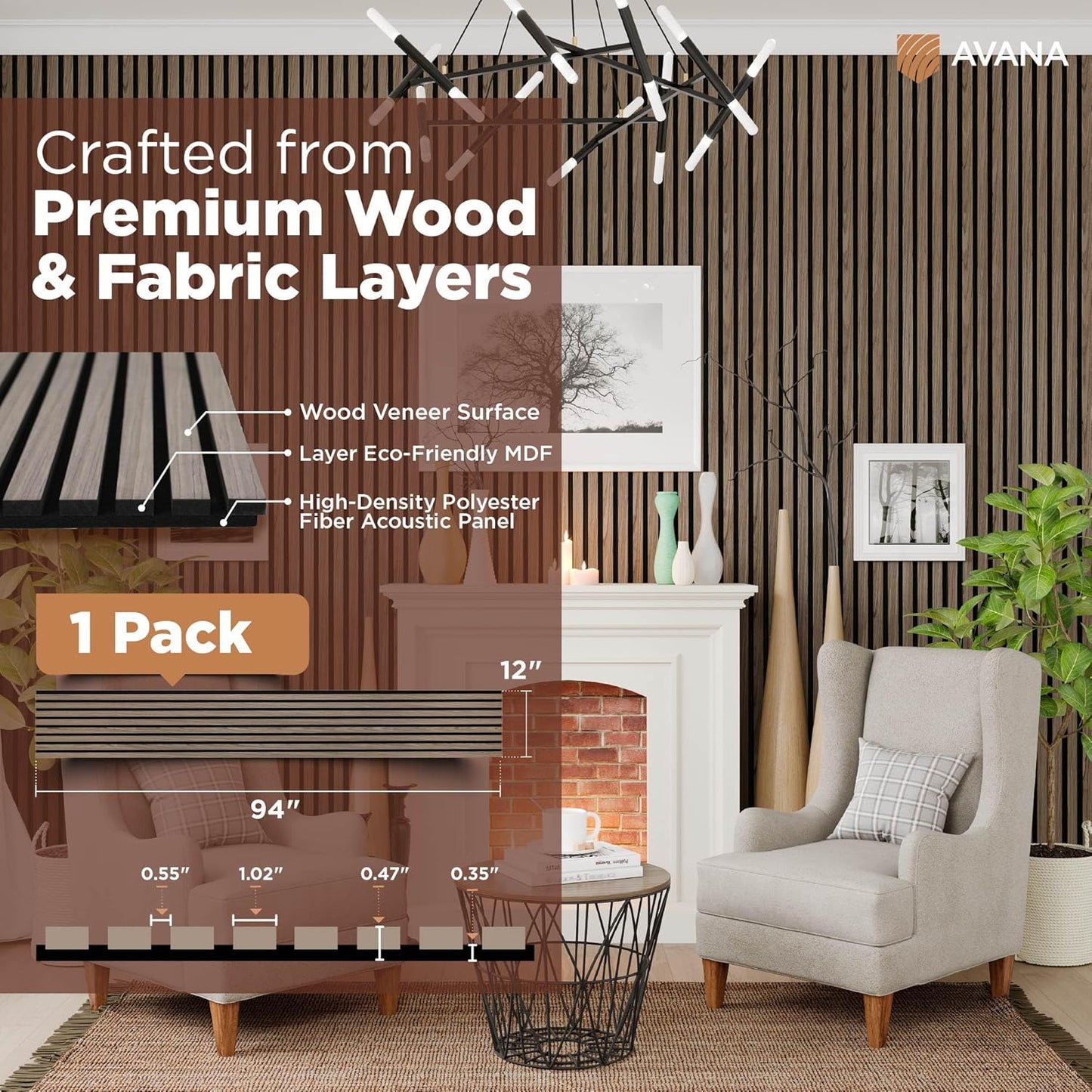 Avana Modern Acoustic Wood Wall Panels – 94.4 X 12.6 Inch Walnut Acoustic Panels 1 PC – Wall Panels For Interior Wall Decor For Homes, Offices, Studios – Sturdy And Durable Wood Panels For Wall