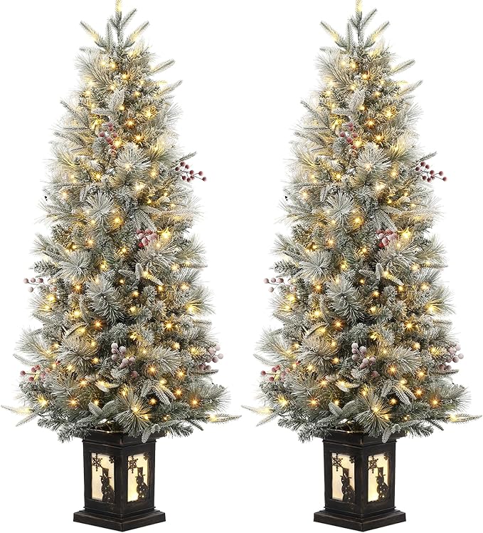 GarveeHome 4.5 ft Pre-Lit Flocked Artificial Christmas Tree with Pine Cones, Artificial Xmas Tree w/ 386 Branch Tips & 200 Lights, Snowman Base for Home, Party Decoration,2 PCS