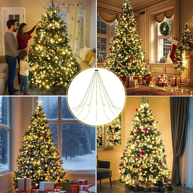 aneeway Christmas Tree Lights 480 LED, Christmas Lights with 8 Light Modes & Memory Function, 9.84FT x 16 String Lights with Timer Function & Remote Control for Christmas Decoration - Warm White