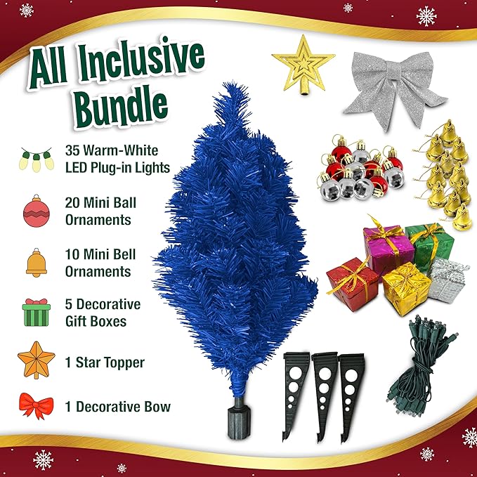 Small Blue Christmas Tree with Lights - 23 Inch Mini Tabletop Christmas Tree with Warm-White LED Lights, Hanging Ornaments, Decorative Bow and Gift Boxes - Table Tree for DIY Christmas Decoration