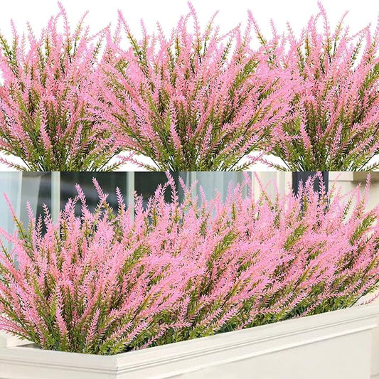 Ouddy Decor 12 Bundles Artificial Lavender Fake Flowers Faux Plastic Plants for Home Wedding Kitchen Garden Patio Window Box Office Table Centerpieces Indoor Outdoor Decor, Pink