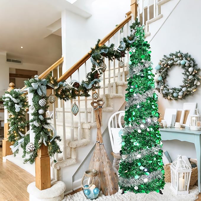 5FT Pop Up Christmas Tree with 90 LED Lights, Collapsible Artificial Pencil Christmas Tree, Tinsel Skinny Christmas Trees for Home Apartment Porch Indoor Outdoor Holiday Decorations