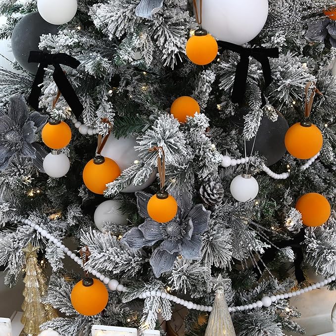 Sea Team 16-Pack Flocked Velvet Christmas Tree Ball Ornaments Set, Hanging Velour Baubles, Shatterproof Plastic Decorations for Xmas Tree, Wreath, Garland, 80mm/3.15 Inches, Orange