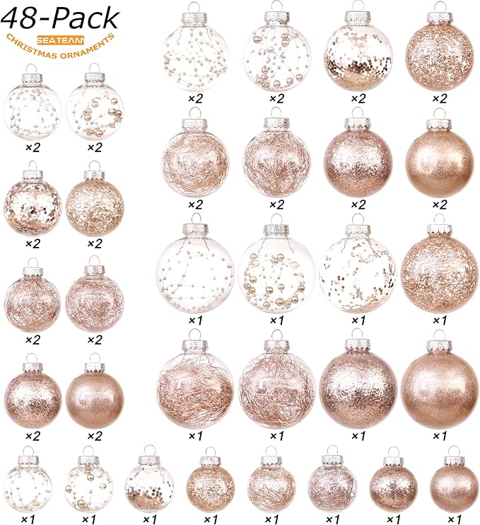 Sea Team Christmas Baubles Set Clear Plastic Shatterproof Multi-Size Decorative Christmas Balls with Stuffed Delicate Decorations (48 Pieces, Rose Gold)