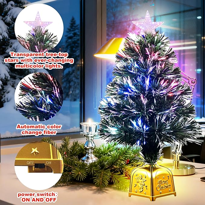 24inch Green Pre-lit Fiber Optic Christmas Tree,Tabletop Artificial mini Xmas Tree with Gold Base Pot, Stars for Holiday Home Decorations