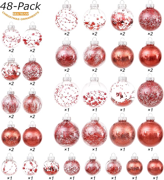 Sea Team Christmas Baubles Set of 48 Shatterproof Clear Plastic Christmas Baubles Multi-Size Decorative Baubles with Stuffed Delicate Decorations (48 Pieces, Red)