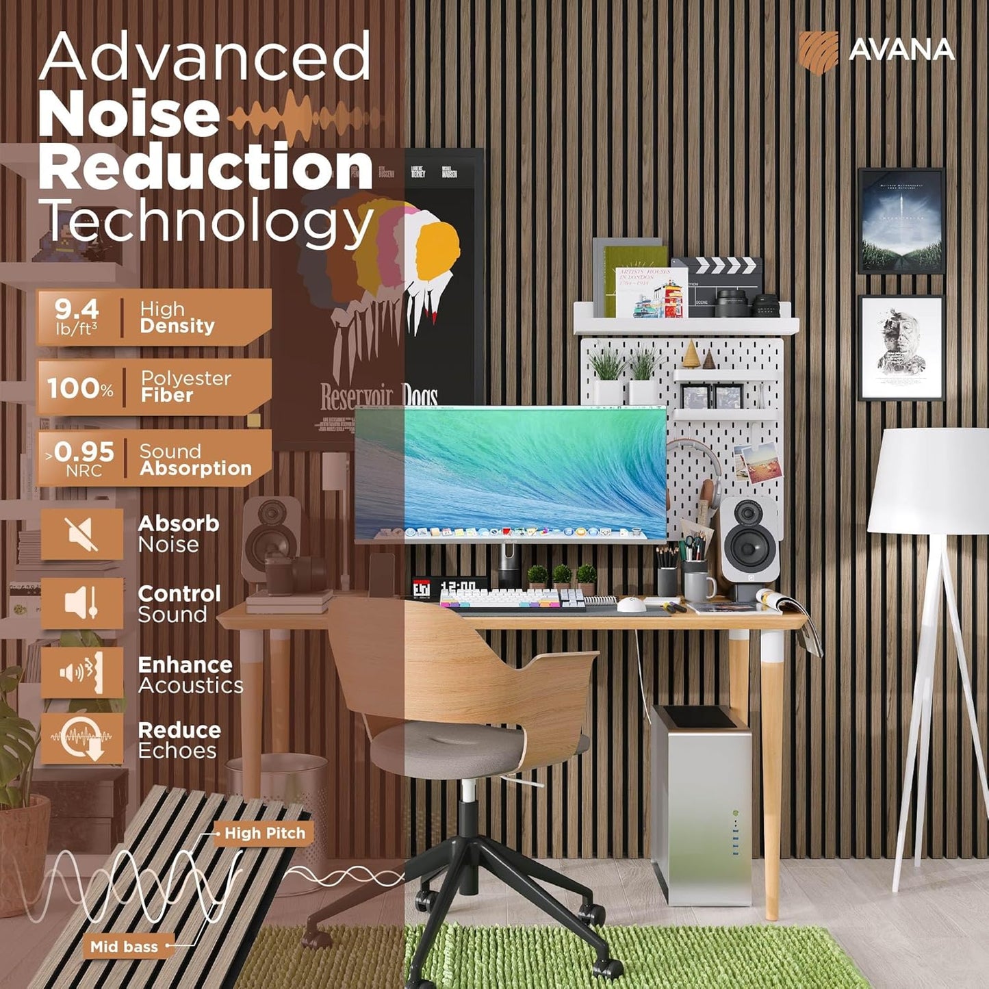 Avana Modern Acoustic Wood Wall Panels – 94.4 X 12.6 Inch Walnut Acoustic Panels 1 PC – Wall Panels For Interior Wall Decor For Homes, Offices, Studios – Sturdy And Durable Wood Panels For Wall