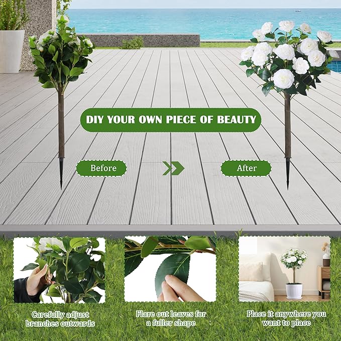 Sunnyglade 35.5" Set of 2 Artificial Camellia Tree, Faux White Camellia Flowers Plant with Spike Fake Silk Flora Topiary Plants Tree for Indoor, Garden, Yard, Porch, Patio Decoration