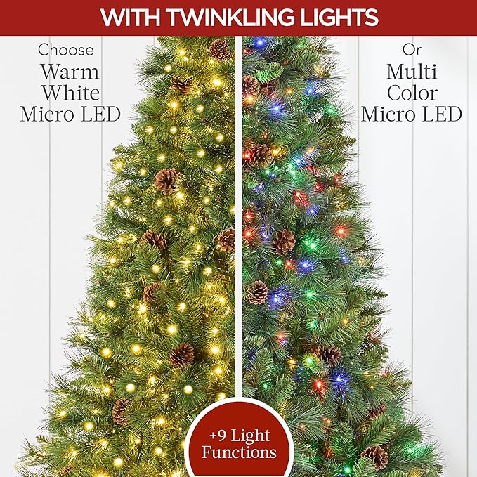 Best Choice Products Full Scotch Pine Christmas Tree, 9ft Pre-Lit Holiday Decor w/ 2,000 Twinkling Micro LED Lights, 2-in-1 White & Multicolor