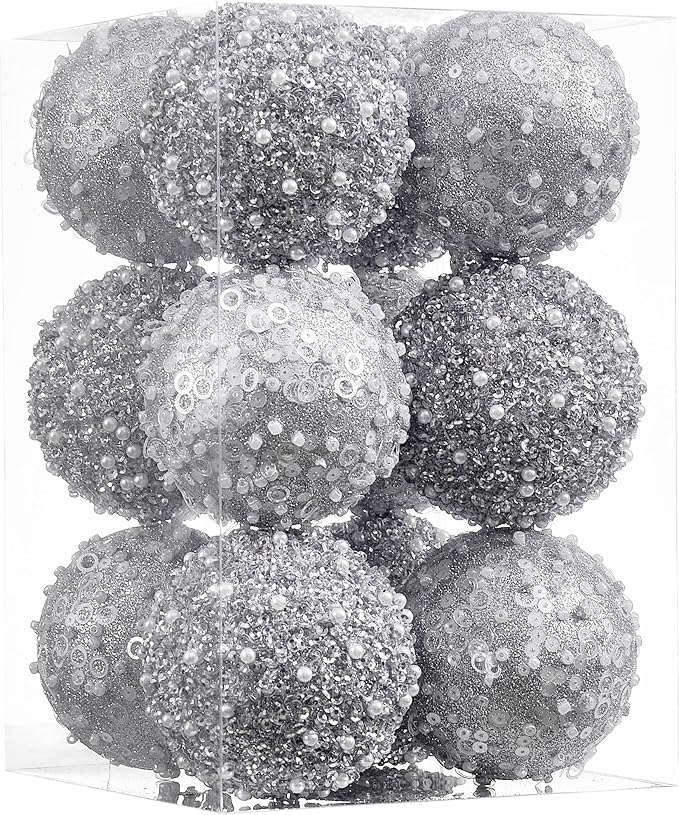 12CT Christmas Ball Ornaments, Silver Christmas Ball Decorations Shatterproof Plastic Hanging Pearl Balls for Holiday Party(70mm/2.76")