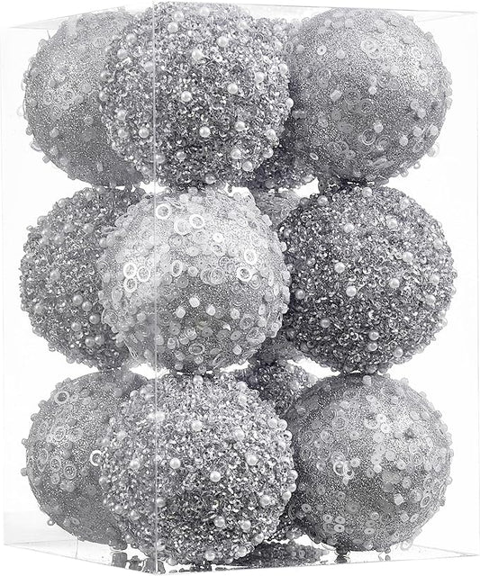 12CT Christmas Ball Ornaments, Silver Christmas Ball Decorations Shatterproof Plastic Hanging Pearl Balls for Holiday Party(70mm/2.76")