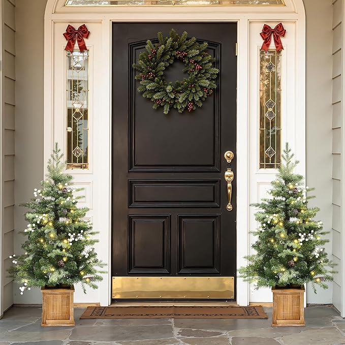 LuxenHome 4FT Potted Flocked Christmas Tree, Small Christmas Tree Prelit with 70 Warm White LED Lights, Berries and Pine Cones, Lighted Pencil Artificial Christmas Trees with Planter Indoor & Outdoor