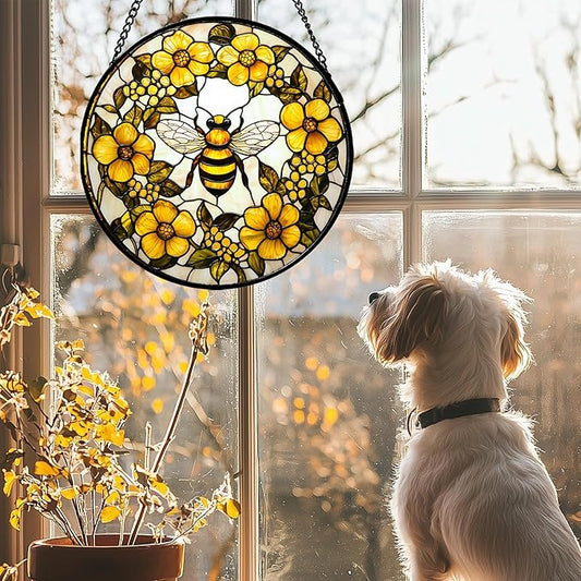 Stained Glass Window Hanging - Yellow Flowers Surrounded by Bees Sun Catcher for Door Garden Home Decor Cute Suncatcher Christmas Mother's Day Birthday Gifts for Women Men Mom Nana 7.8 in