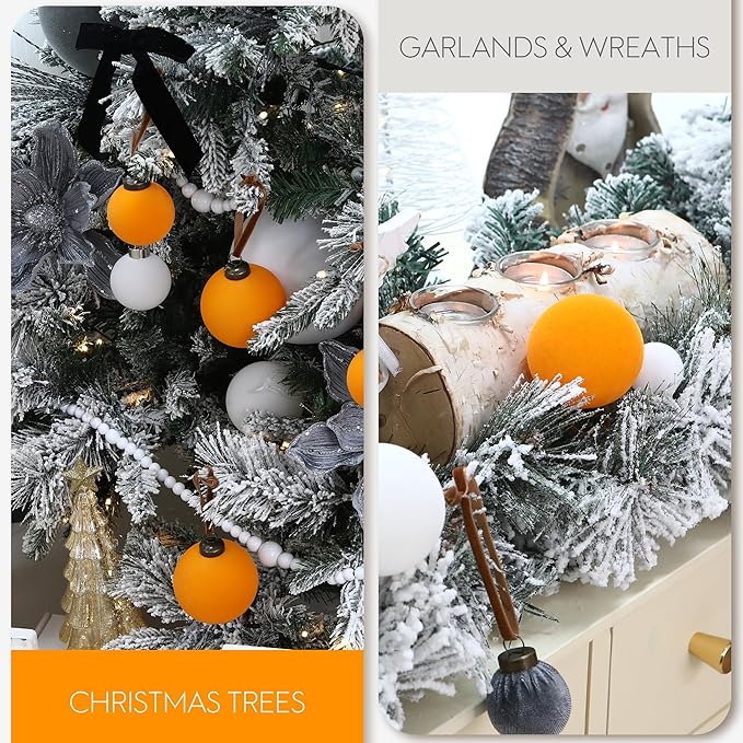 Sea Team 16-Pack Flocked Velvet Christmas Tree Ball Ornaments Set, Hanging Velour Baubles, Shatterproof Plastic Decorations for Xmas Tree, Wreath, Garland, 80mm/3.15 Inches, Orange