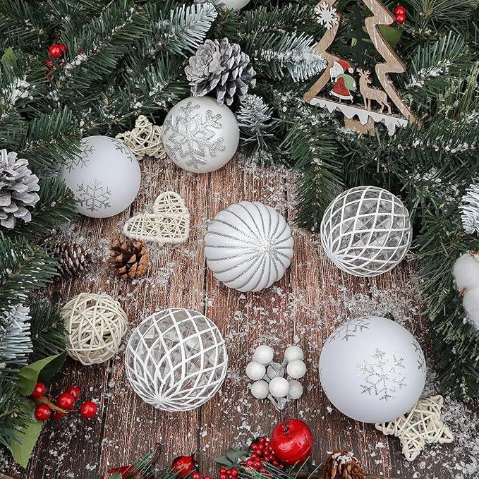 SHareconn 80mm Christmas Balls Ornaments,12PCS Colored Shatterproof Plastic Decorative Hanging Tree Decorations Baubles Set for Xmas Tree Decor Holiday Party Decoration with Lanyard,White&Silver