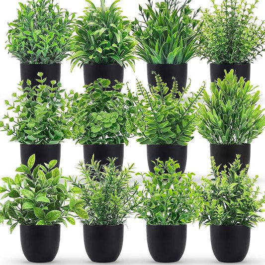 Der Rose Fake Plants 12 Pack Artificial Plants Small Faux Plants in Black Pot for Bathroom Home Office Table Decor Indoor