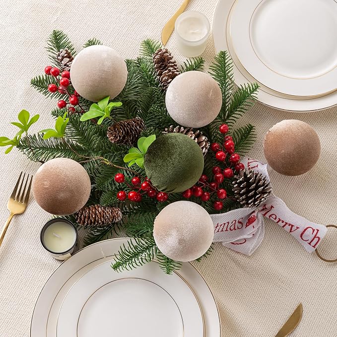 Christmas Ball Ornaments, 15 Pcs Green & Coffee Ornaments with Velvet, Multicolor Xmas Tree Decorations for Christmas Tree Holiday Decor