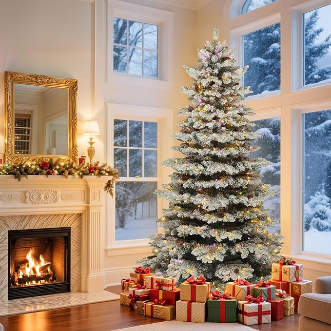 GOOBED 9FT Pre-Lit Flocked Spruce Christmas Tree with 820 Lights & 1818 Tips, Pre-Decorated Mountain Pine Layered Spruce Christmas Tree w/Remote, 11 Modes & 3 Timers for Home, Porch & Holiday Decor