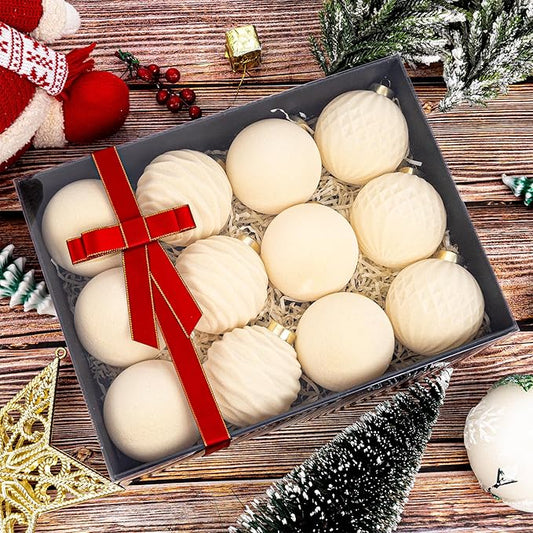 Festiva Christmas Tree Ornaments Velvet Balls - 12 Pcs Cream Shatterproof Christmas Tree Ornaments Velvet Balls, for Xmas Wedding Party Holiday Decorations (Gift Box)