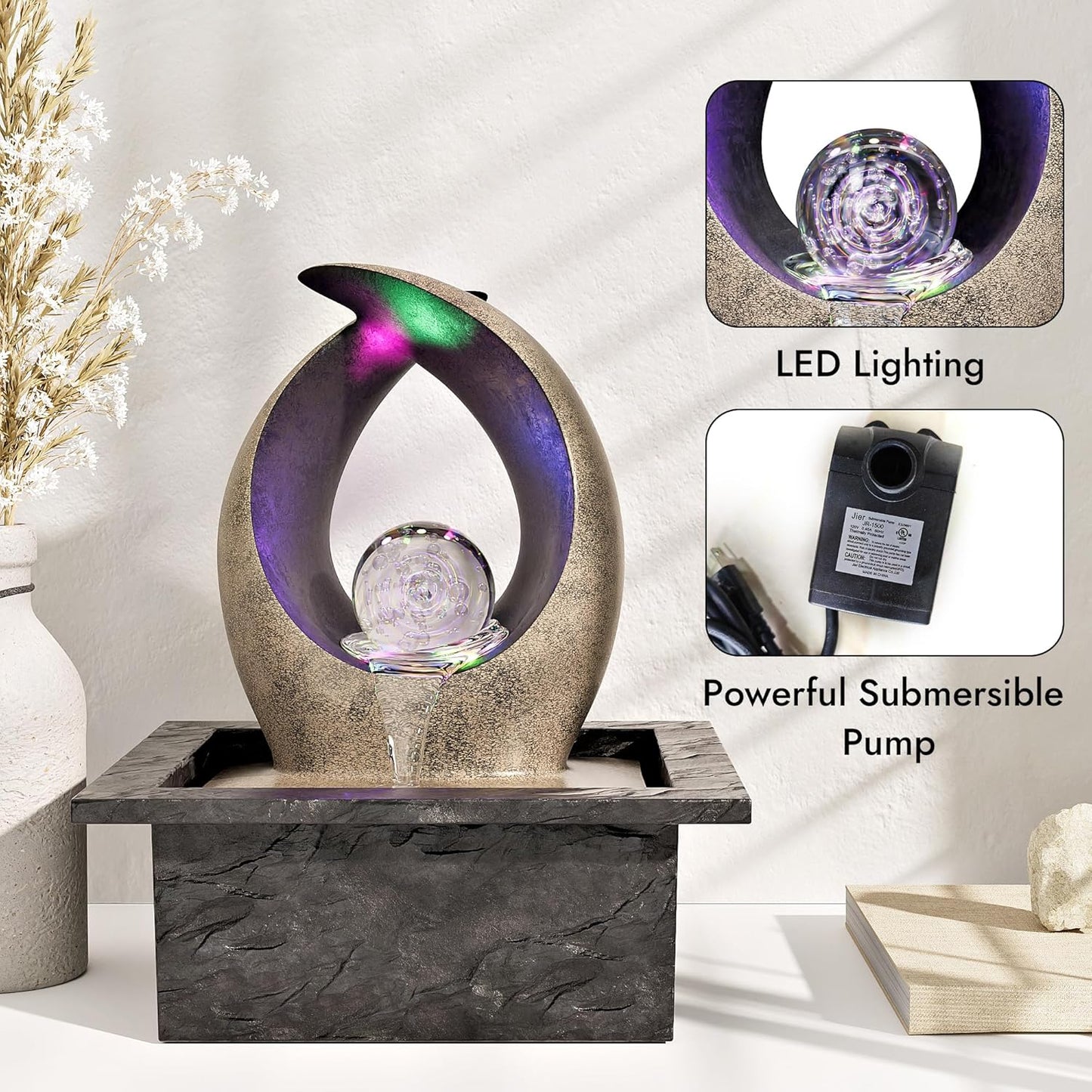 Tabletop Water Fountain, Indoor Desk Waterfall, Meditation Fountain with LED Lights Rolling Ball & Curved Form, Home Office Decor