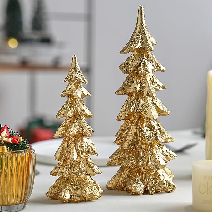 2Pcs Gold Christmas Tree Figurines, Resin Christmas Trees with Weathered Finish, Small Decorative Tabletop Trees for Mantel, Modern Holiday Home Decor for Living Room, Office, Festive Centerpiece
