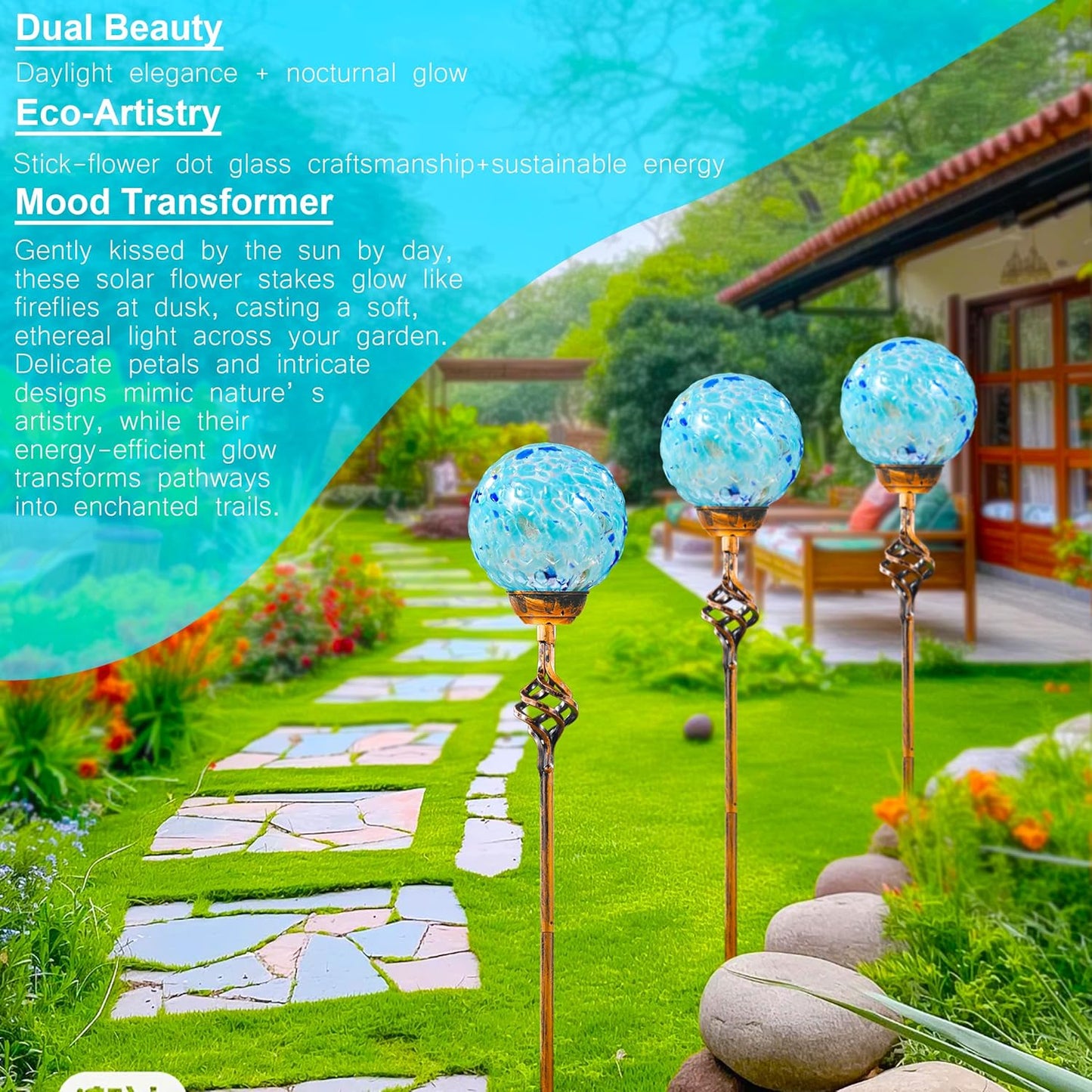 Garden Solar Lights Outdoor, Decorative LED Honeycomb Glass Ball Garden Stake, Glass and Metal Outdoor Decoration, 4 x 31 Inch (Light Blue)