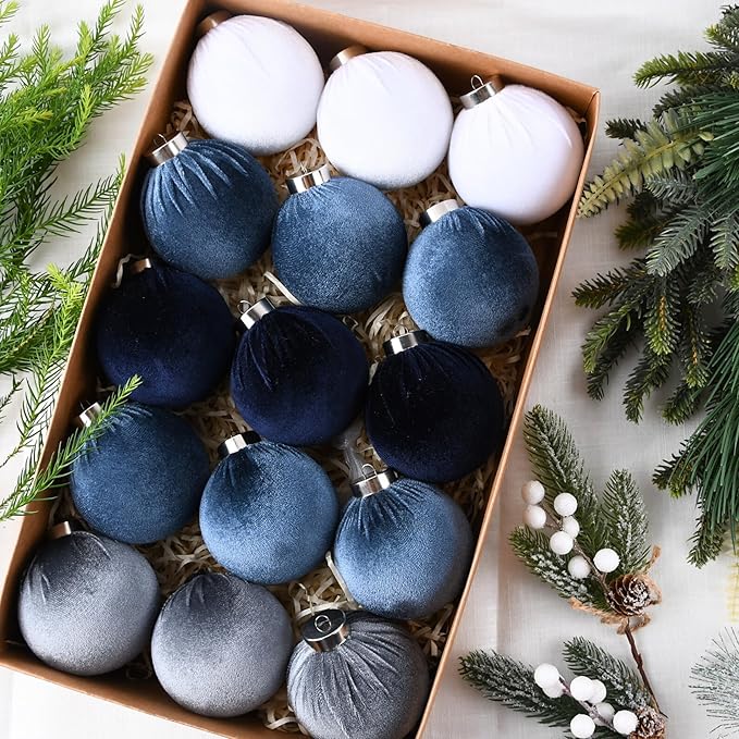 Velvet Christmas Ornaments Balls for Tree - 15pcs Blue Shatterproof Christmas Ornaments for Xmas Decorations - Multicolor Royal Dusty Blue, 80mm 3.15inch