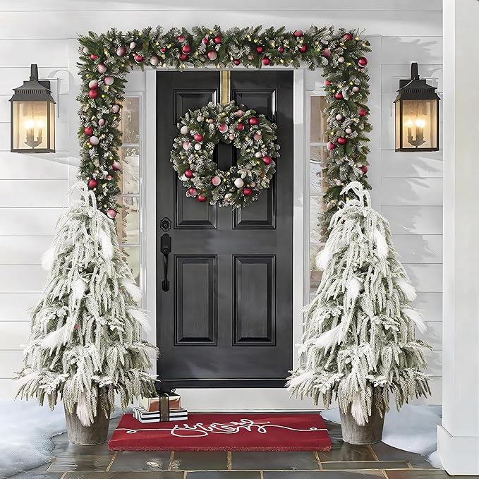 LuxenHome 4FT Unlit Flocked Christmas Tree, Small Potted Christmas Trees with Downswept Branches and Feather Accents, White Snowy Finish Stylish Faux Artificial Trees for Outdoors Holiday Decorations