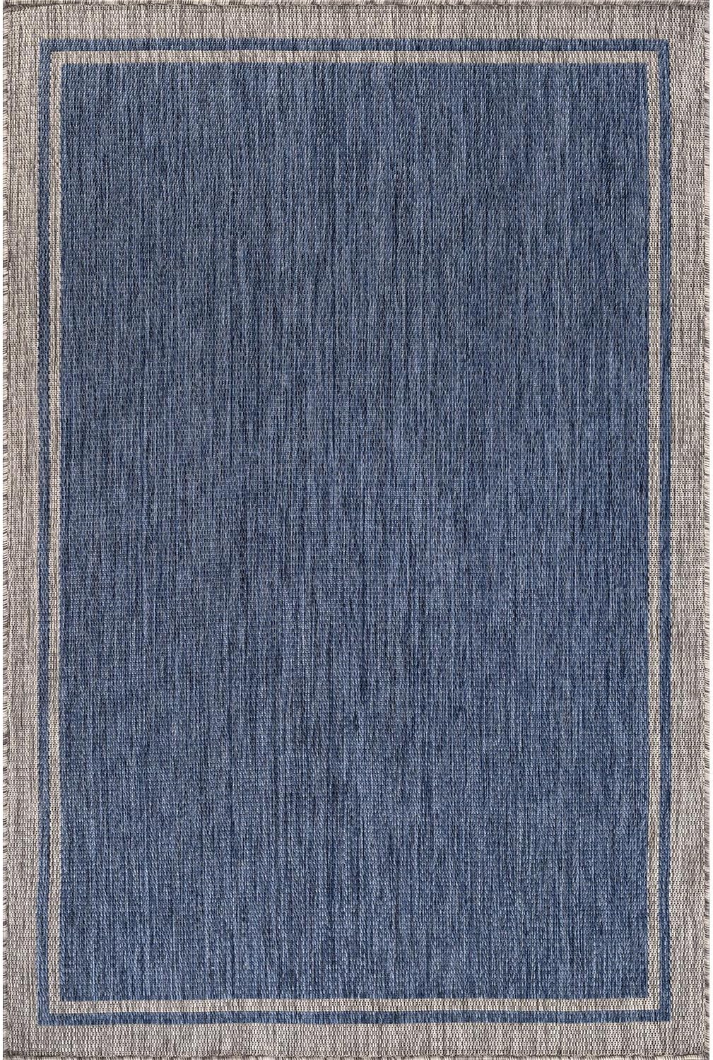 CAMILSON Outdoor Rug, 8x10 Bordered Navy Blue Gray Modern Area Rugs for Indoor and Outdoor Patios, Porches Waterproof Washable Porch Deck Outside Carpet (Bordered Navy, 8 x 10)