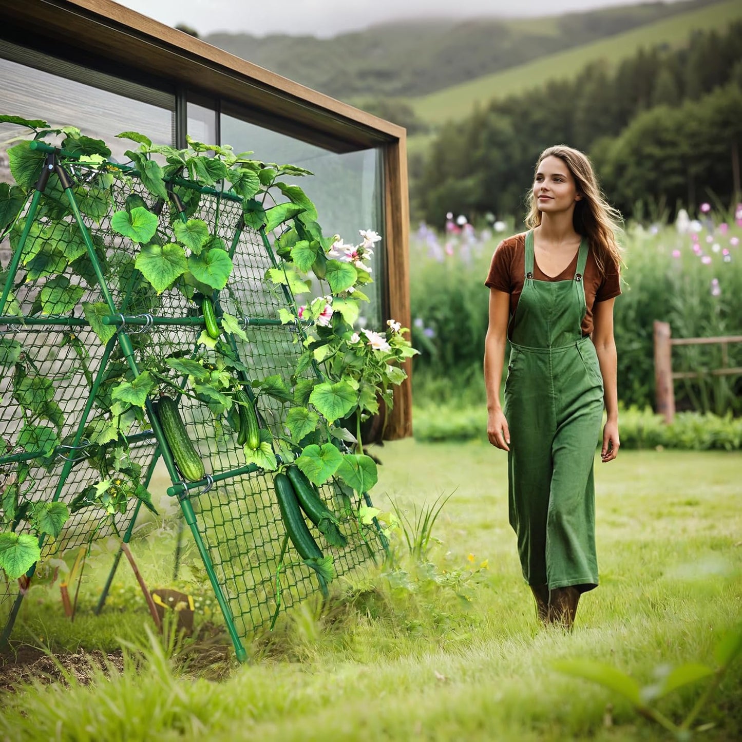 Cucumber Trellis, 4ft x 4ft Green Metal A-Frame Garden Trellis for Climbing Plants – Support for Cucumbers, Tomatoes, Peas, Beans, and Vines, Includes Netting, Fits Raised Beds