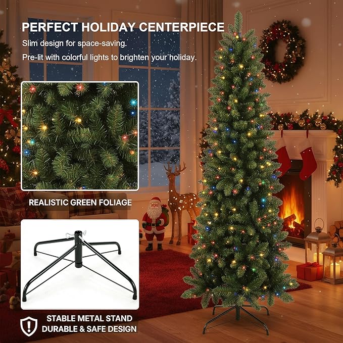 Himimi Pre-lit Christmas Artificial Tree Slim Pencil Tree Space Saving, 6ft Skinny Christmas Trees with Multi Colored Lights, Foldable Metal Stand