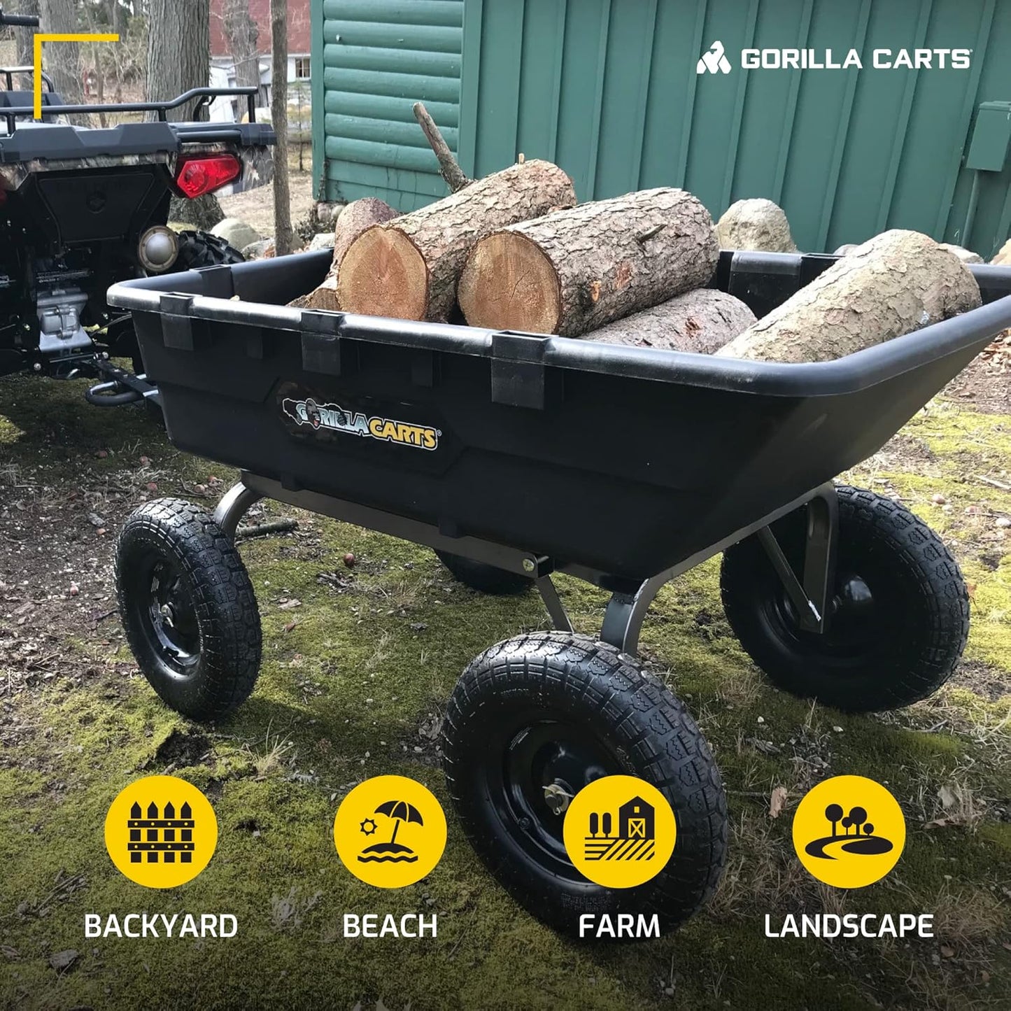 Gorilla Carts Heavy-Duty Poly Yard Dump Cart, 10 Cu Ft Tub, 1500 lb Haul Capacity, Black – Towable Utility Wagon with Quick-Release Dumping & Pneumatic Tires for Landscaping and Gardening