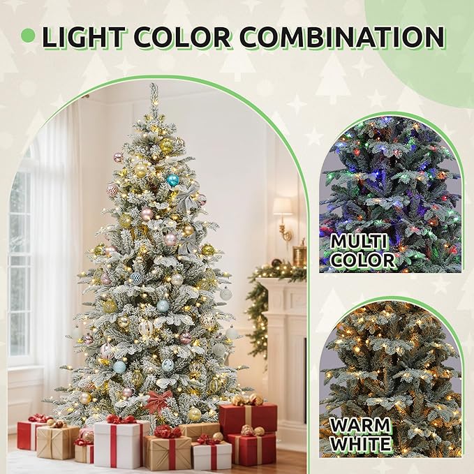 GOOBED 6.5 ft Prelit Snow Flocked Christmas Tree, Layered Spruce Christmas Tree w/ 760 Thickened Branch Tips, 350 Lights and Remote for Home, Office, Restaurant & Commercial Events, White Flocked