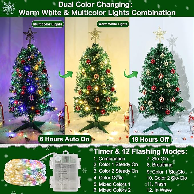 3 Ft Green Tinsel Christmas Tree Dual Color Change 12 Modes Timer DIY 50 Warm White & Multicolor Lights Star 15 Ball Ornaments Small Artificial Full Xmas Tree Battery Operated Table Home Indoor