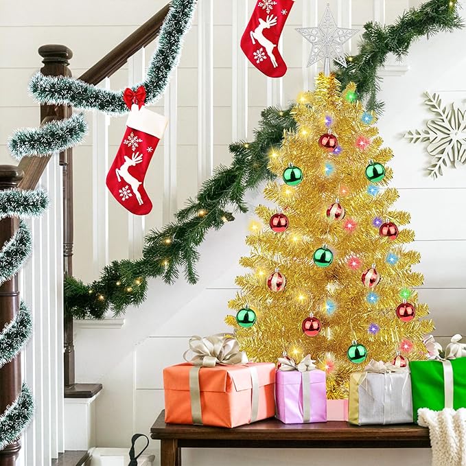 3 Ft Gold Tinsel Christmas Tree Dual Color Change 12 Modes Timer DIY 50 Warm White & Multicolor Lights Star 15 Ball Ornaments Small Artificial Full Xmas Tree Battery Operated Table Home Indoor