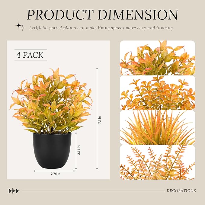 Der Rose Fall Fake Plants 4 Packs Artificial Plants Small Faux Plants Black Bathroom Accessories Fall Decorations for Home Bathroom Home Office Desk Fall Decor Indoor