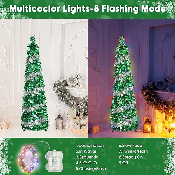 5FT Pop Up Christmas Tree with 90 LED Lights, Collapsible Artificial Pencil Christmas Tree, Tinsel Skinny Christmas Trees for Home Apartment Porch Indoor Outdoor Holiday Decorations
