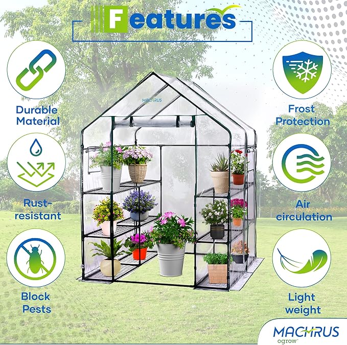 OGrow Machrus Deluxe Walk-in Greenhouse with 3 Tiers and 12 Shelves - Clear Cover