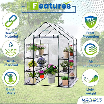 OGrow Machrus Deluxe Walk-in Greenhouse with 3 Tiers and 12 Shelves - Clear Cover