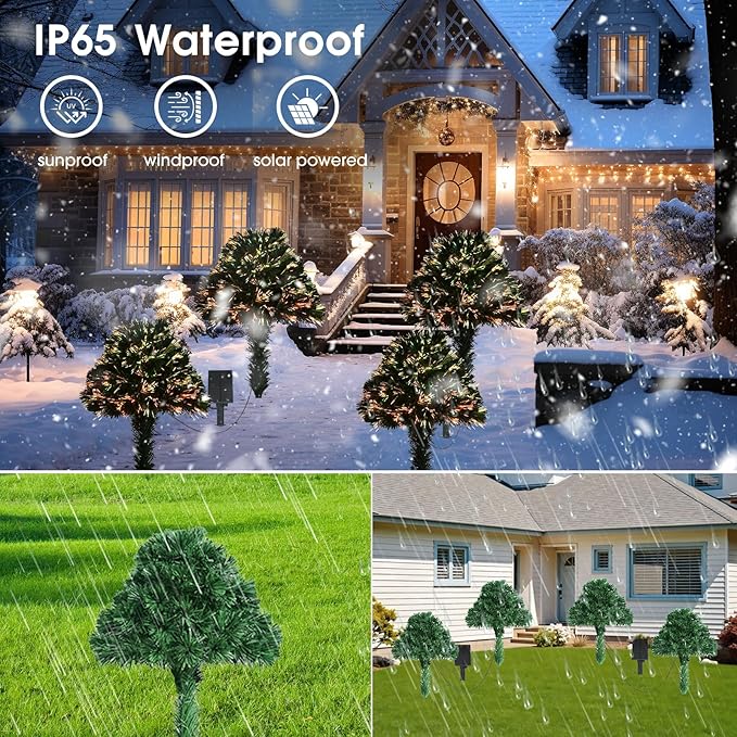 2 Pack Outdoor Christmas Tree with Lights, Fiber Optic Xmas Trees Battery Operated with Multi-Color LEDs, 24 Inch Artificial Solar Power Christmas Tree for Porch Yard Garden Christmas Decor