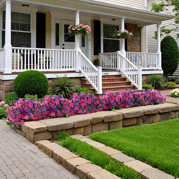 Artificial Flowers for Outdoors Decoration,20 Bundles Fake Morning Glory Petunias for Outside Artificial Faux Plants for Home Porch Patio Balcony Planter Yard Garden Dark Purple Light Purple