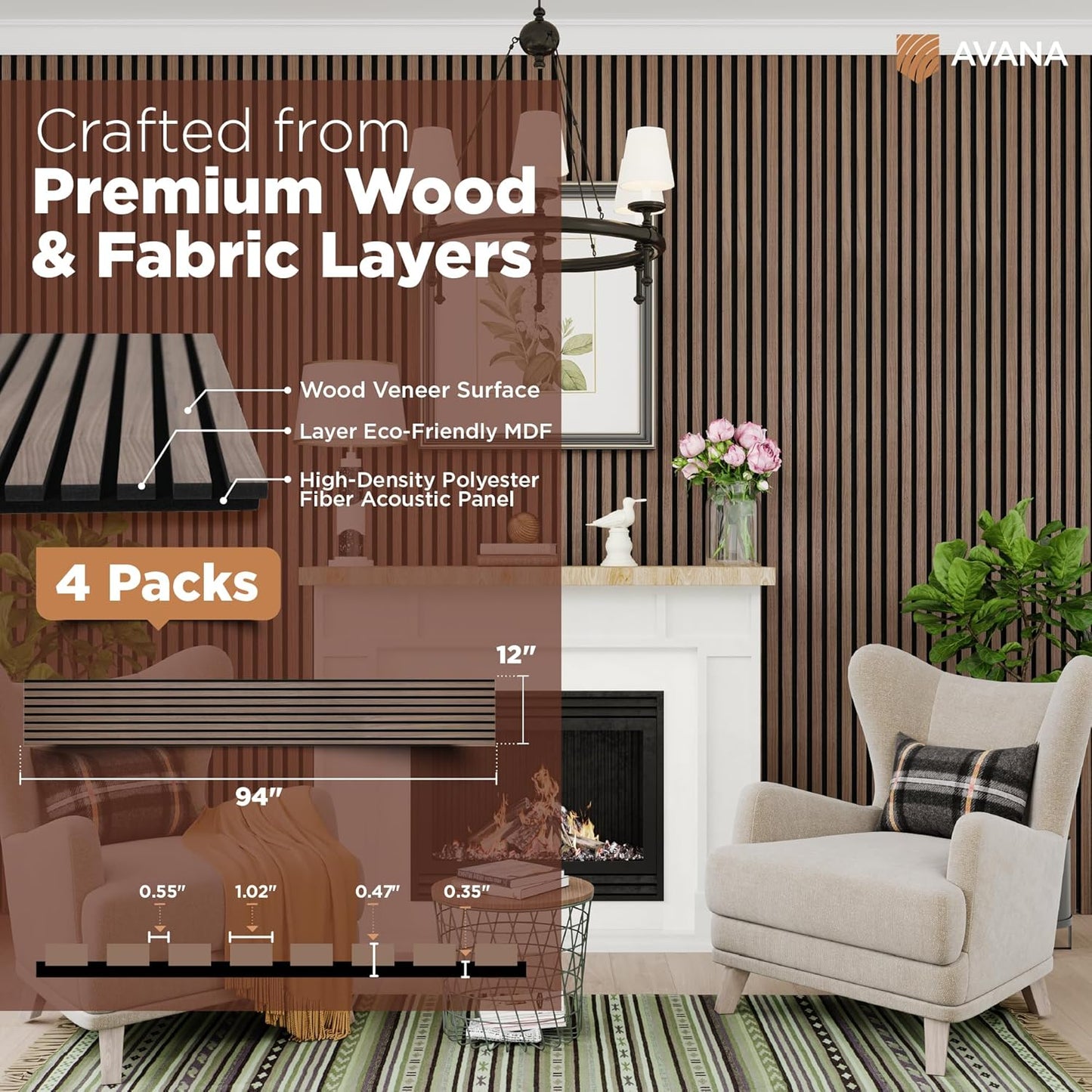 Avana Acoustic Wood Wall Panels – 94.4 X 12.6 Inch Walnut Acoustic Panels 4 PCs – Wall Panels For Interior Wall Decor For Homes, Offices, Studios – Sturdy And Durable Wood Panels For Wall