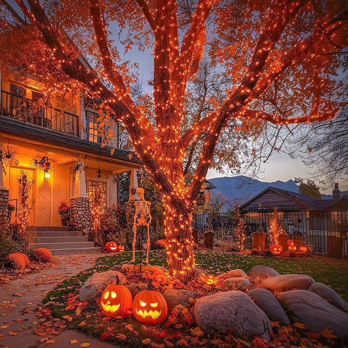 JMEXSUSS 600 LED Orange Solar Halloween Lights, 206.7 ft Solar String Lights Outdoor Waterproof, 8 Modes Orange String Light for Outside Tree Patio Bushes Halloween Decorations