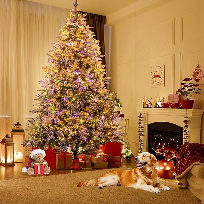 Sunnyglade 7.5ft Artificial Snow Flocked Christmas Tree with 600 LED Lights (Not pre-lit), Xmas Tree Full Tree with 1422 Branch Tips & 11 Modes Light, RGB & Warm White Light, Foldable Stand for Home