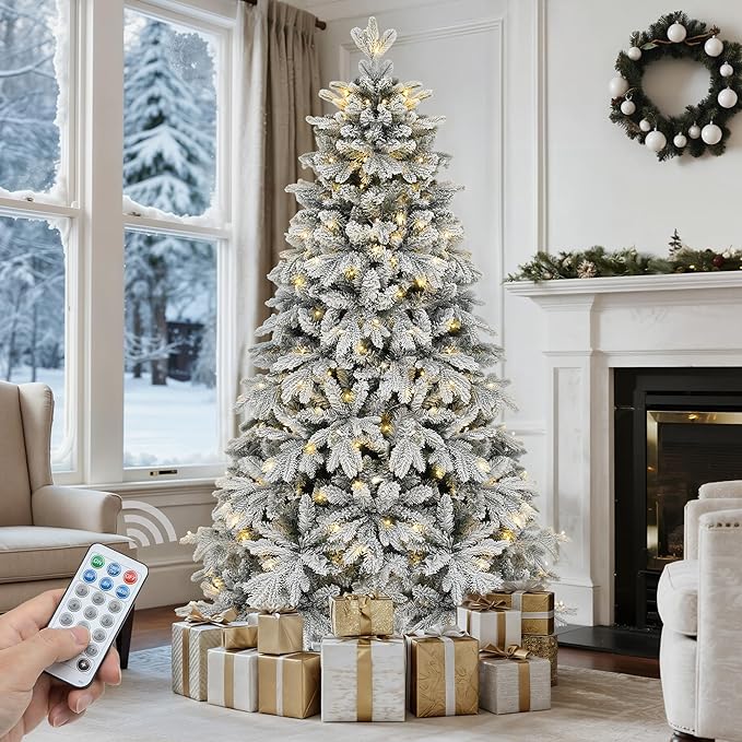 GOOBED 6 FT Pre-Lit Snow Flocked Christmas Tree with Remote, Artificial Hinged Canaan Fir Christmas Tree with 1225 Branch Tips, 260 Lights for Home Office, Holiday Decor, White Flocked
